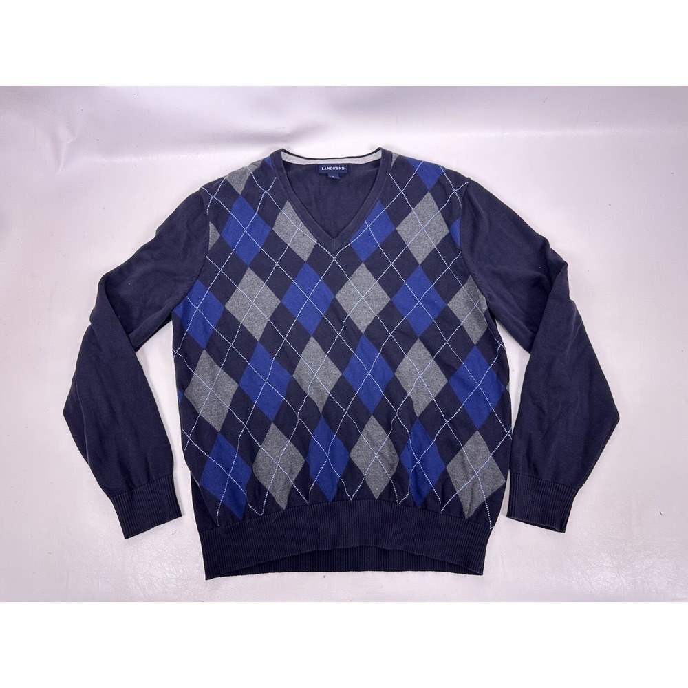 Lands End‎ Argyle Sweater Blue Men's Size L V Neck